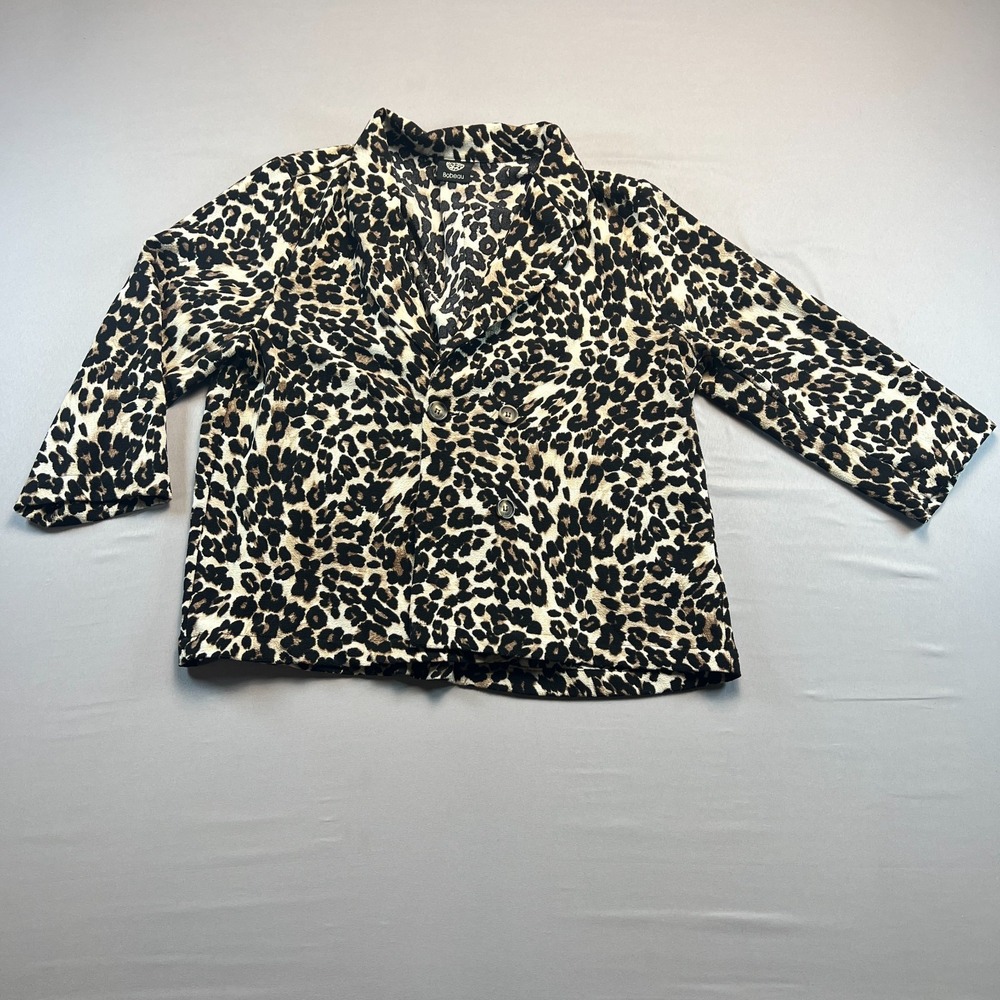 Bobeau Blazer Jacket Womens Beige Black Leopard Print Stretch Double Breasted